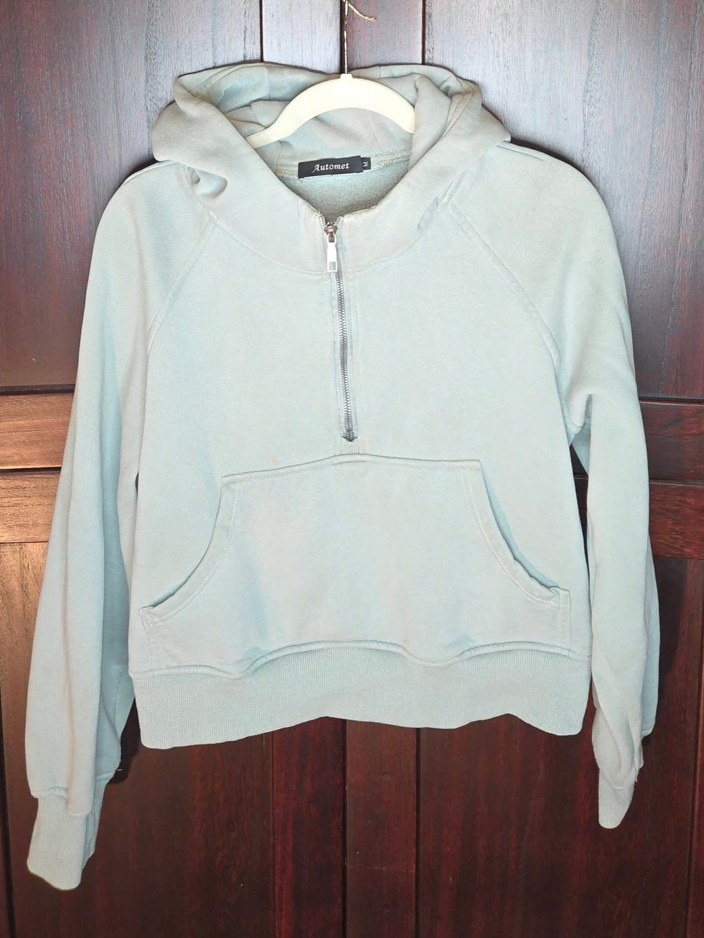 Automet Women’s Medium Half Zip Fleece Hoodie – Sage Green Casual Fall